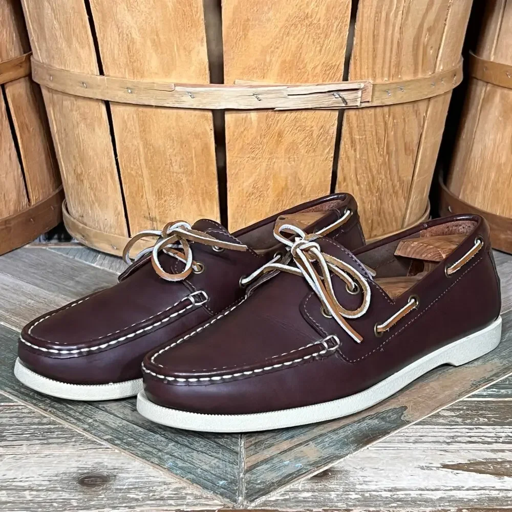 Lands' End Mainstay 2-Eye A/O Brown Leather Lace-Up Boat Shoes Mens Size 9.5 D